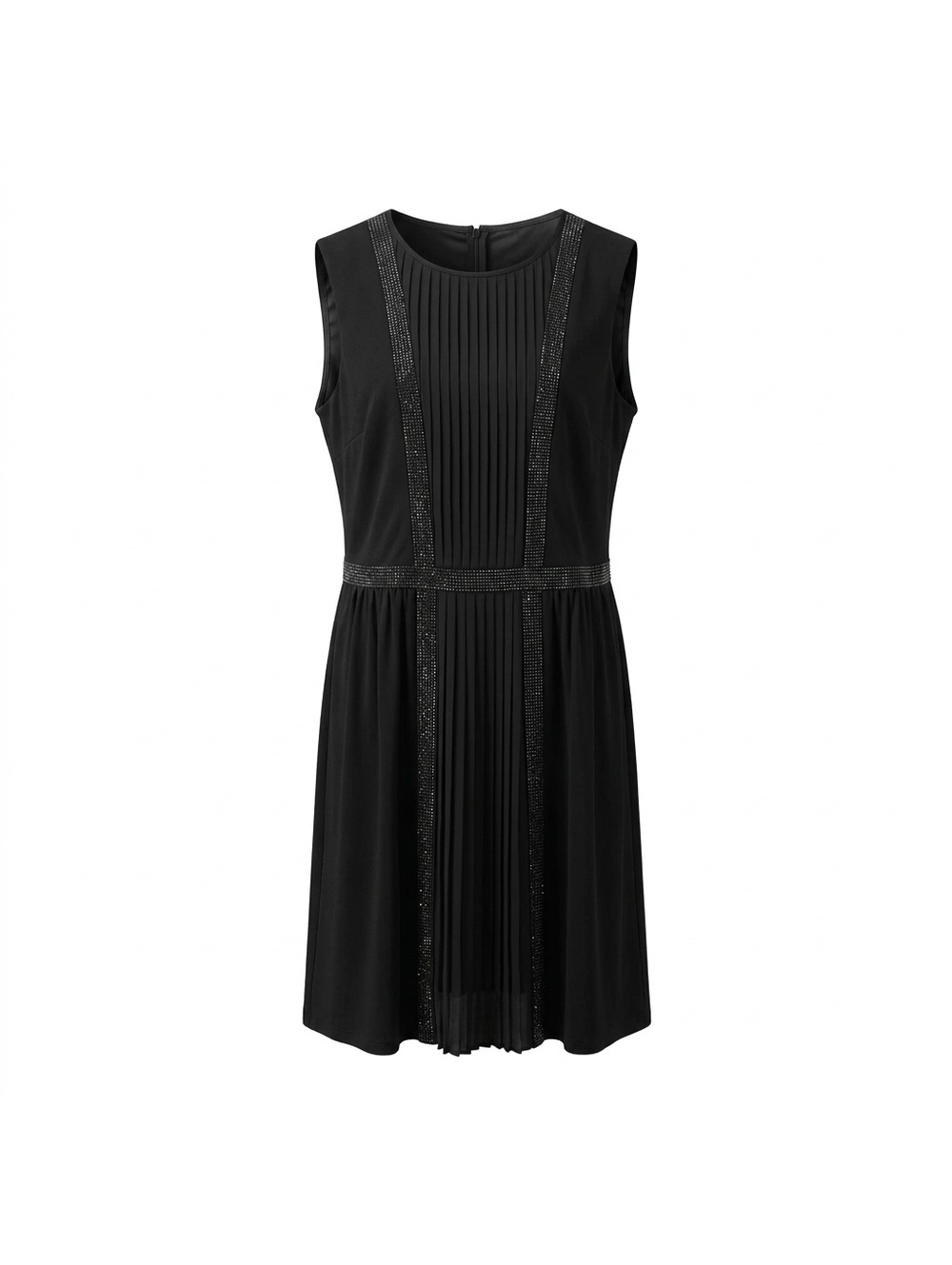 St. John Black Sleeveless Pleated Dress with Beaded Trim